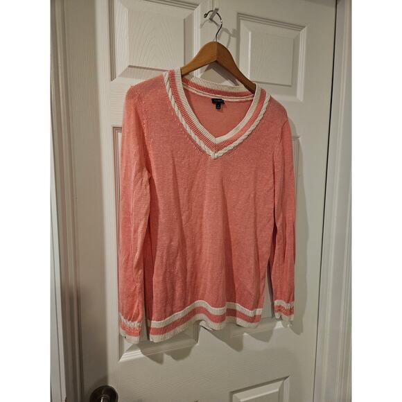 Talbots 100% Linen V-Neck‎ Varsity Sweater Pink White Trim Size M Medium Preppy - Picture 4 of 6